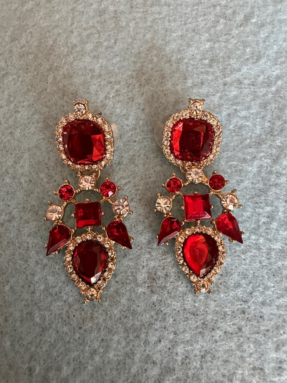 Red Crystal Statement Drop Earrings - Gold Tone